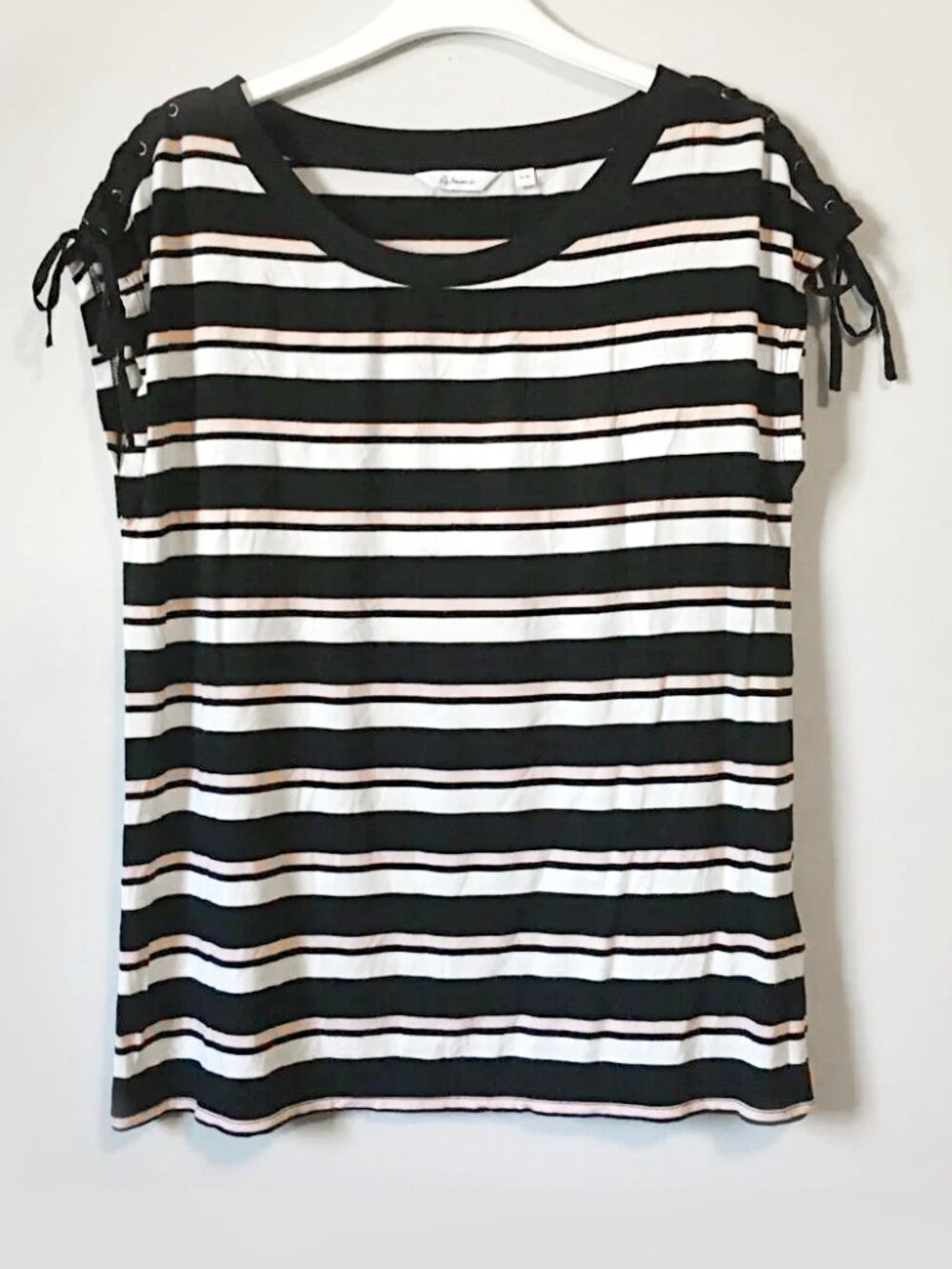 Retro Y2K Striped Tie Shoulder Top Size M Black Pink White Viscose